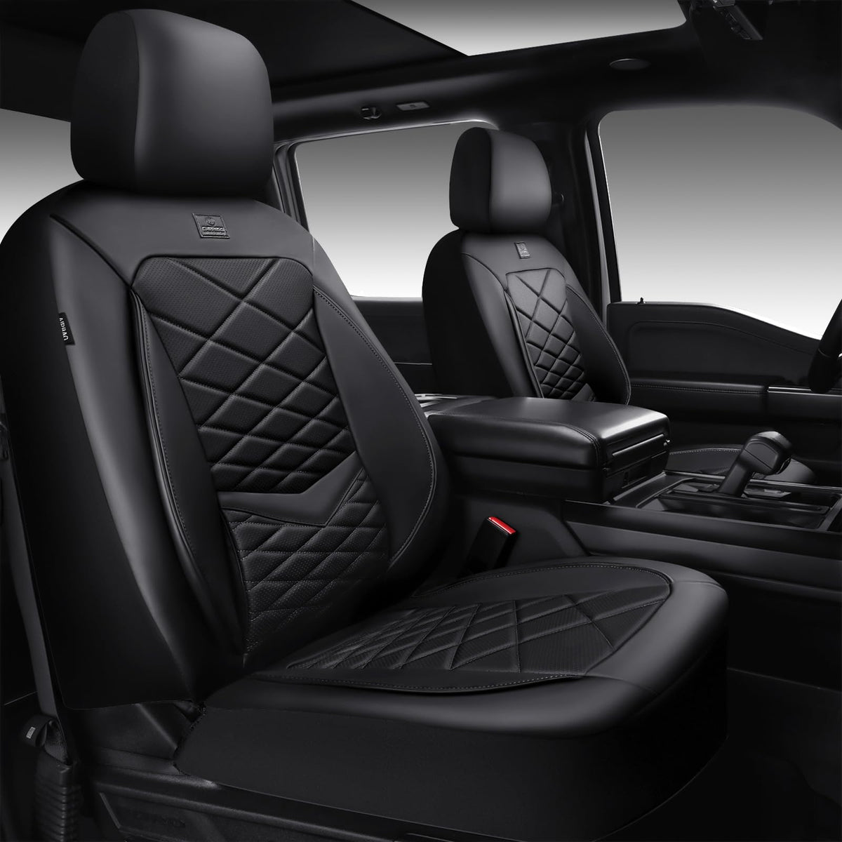 CAR PASS front view of seat covers showing sleek all-black protection and refined style