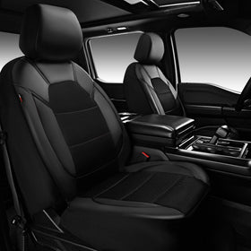 CAR PASS front view of black leather seat covers showing sporty upgrade and protection