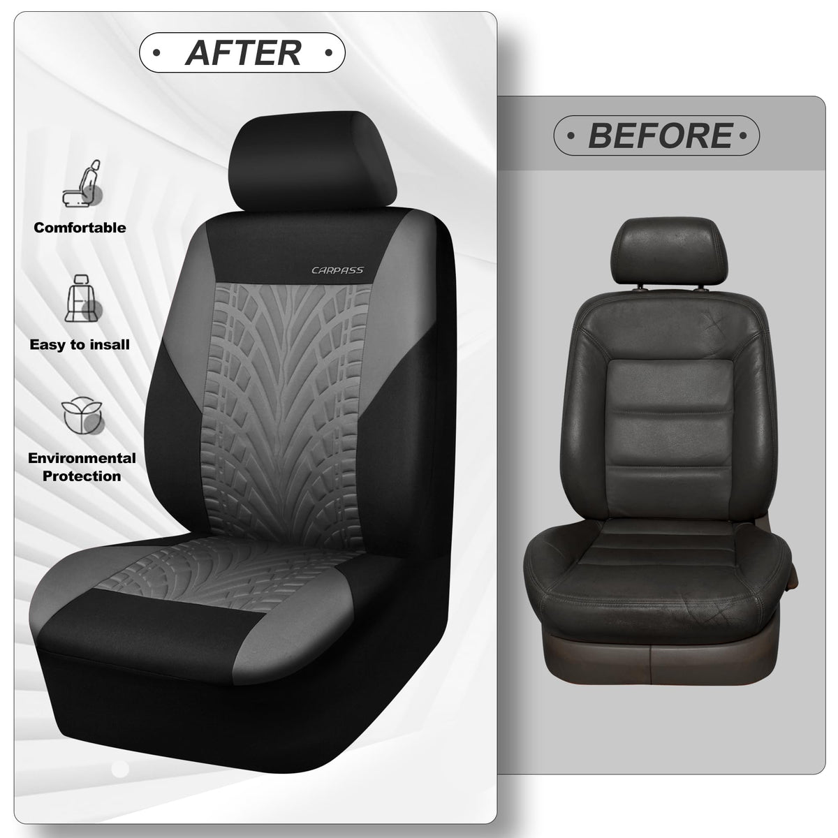 CAR PASS headrest and buckle cutouts showing tidy fit and accessibility benefit