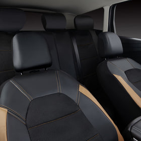 CAR PASS headrest and seatbelt access view showing reserved openings and convenient use