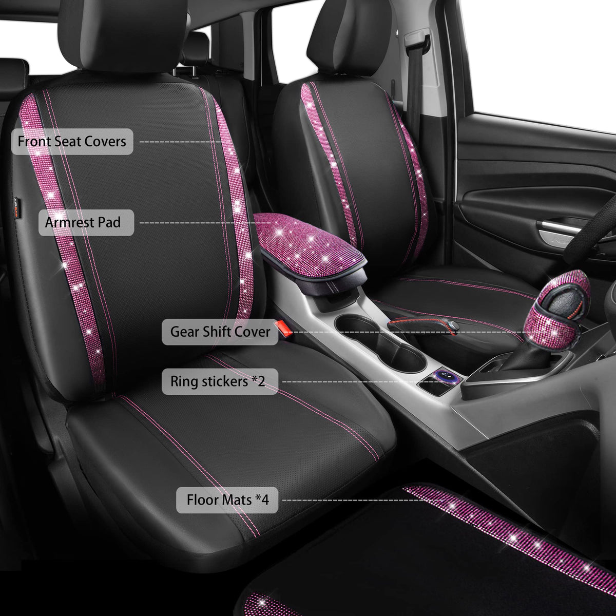 CAR PASS headrest cover close-up showing rhinestones and adjustable-fit convenience