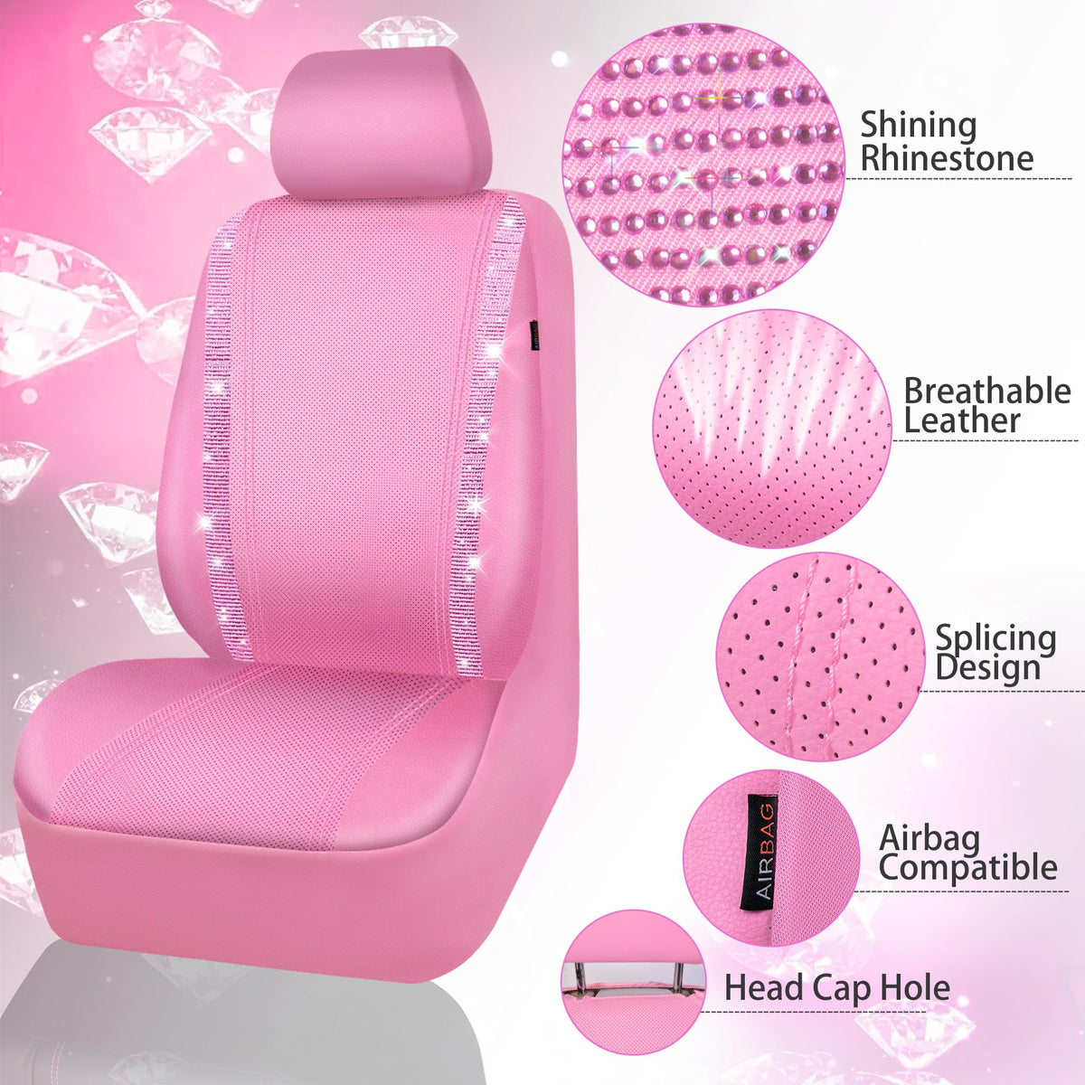 CAR PASS five removable headrest covers in pink showing easy customization