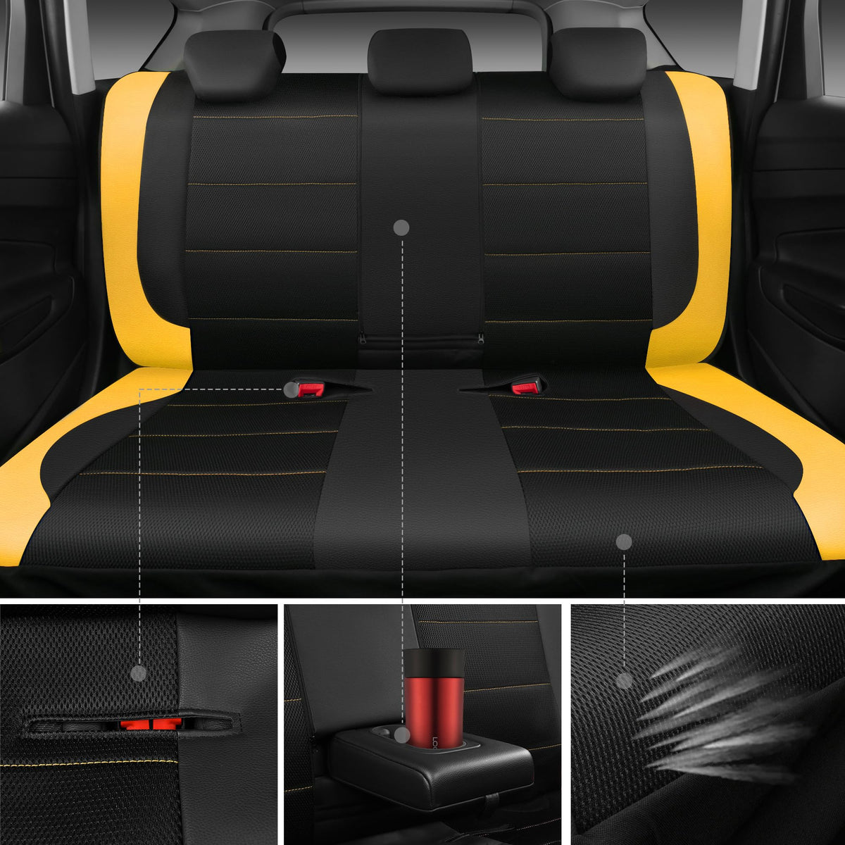CAR PASS headrest openings detail demonstrating easy headrest removal and fit