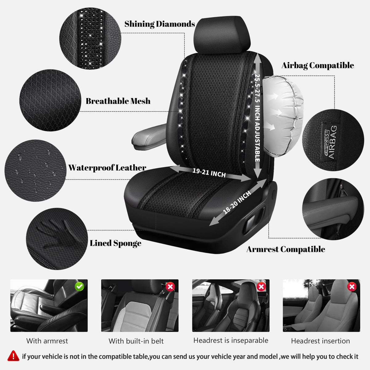 CAR PASS headrest close-up with rhinestones for stylish support