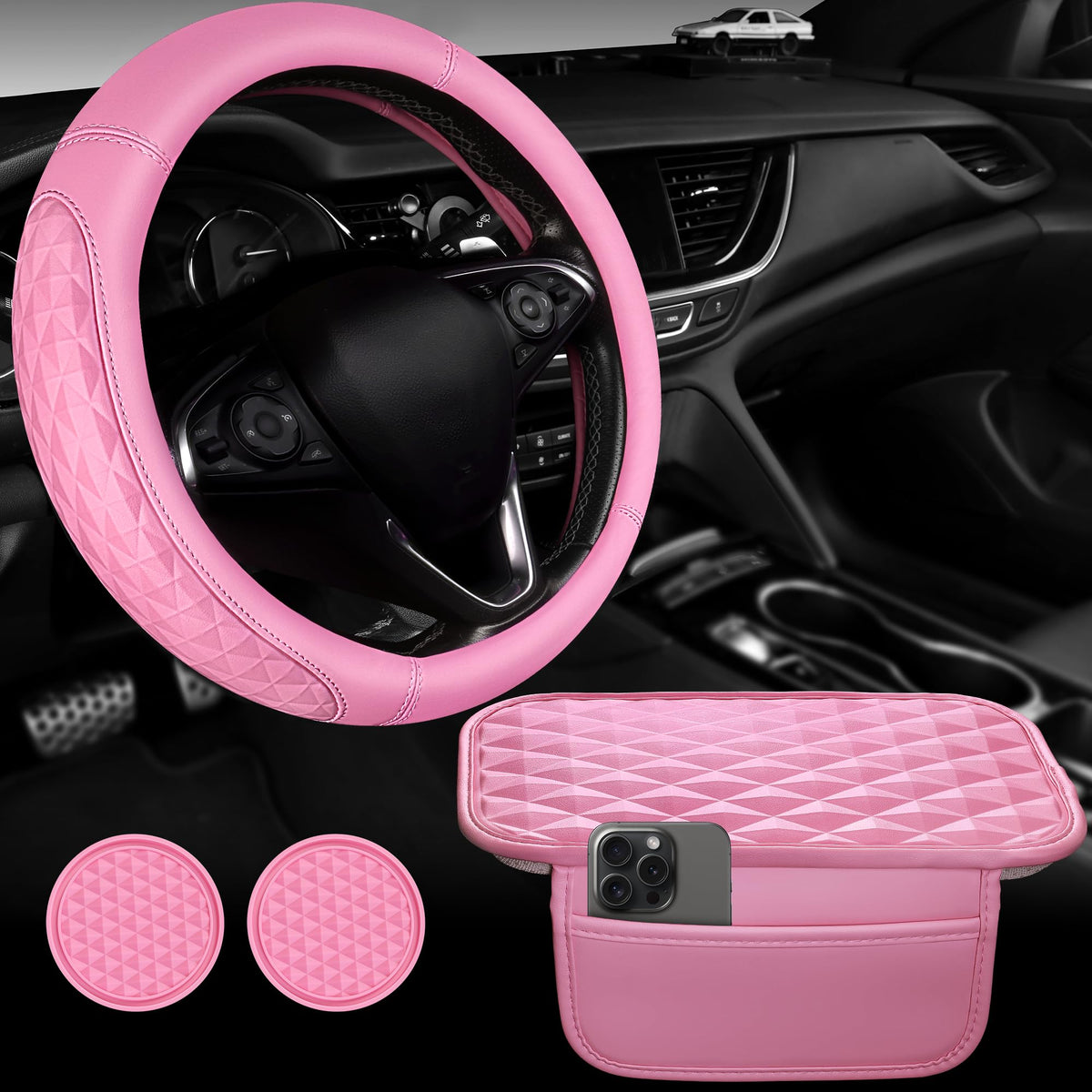 CAR PASS full car interior lifestyle shot showing coordinated pink comfort