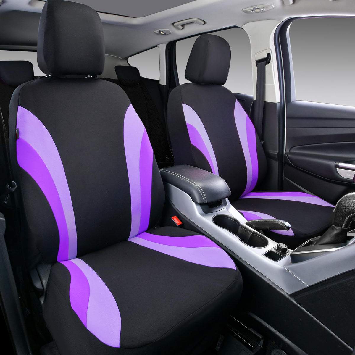 CAR PASS front seat covers installed, purple accent adds sporty visual appeal