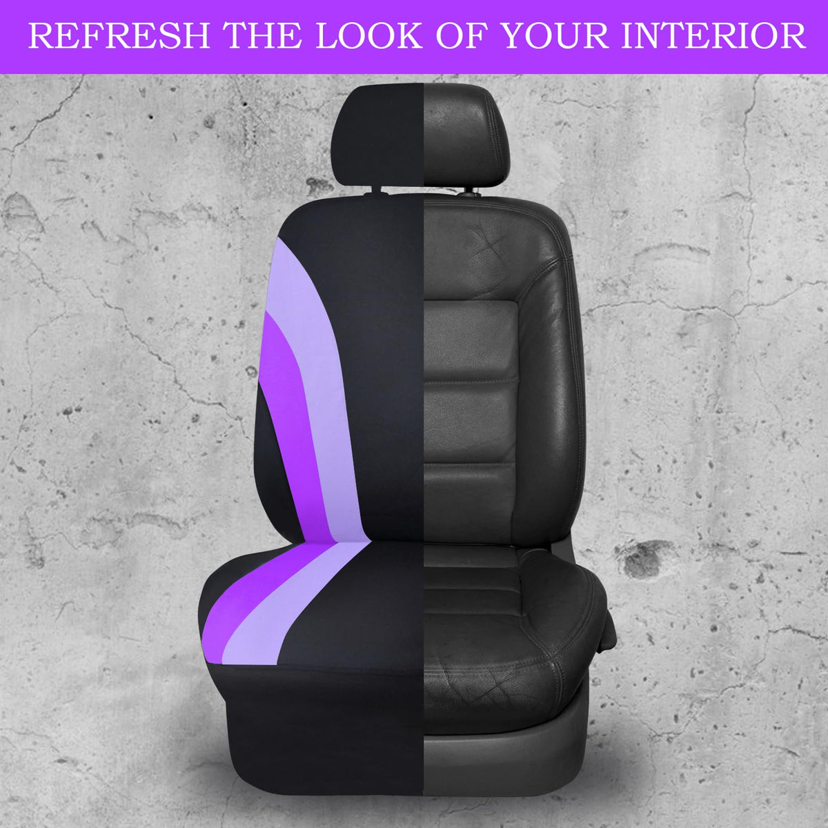 CAR PASS covers installed in vehicle interior, vibrant purple brightens cabin