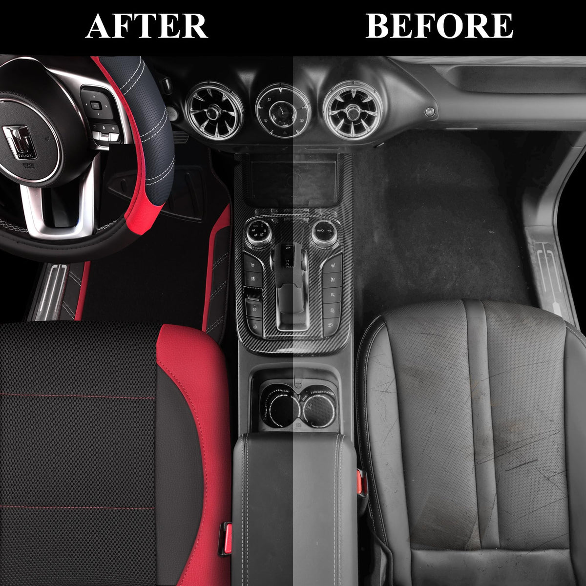 CAR PASS size demo comparing mat and steering cover dimensions for universal fit