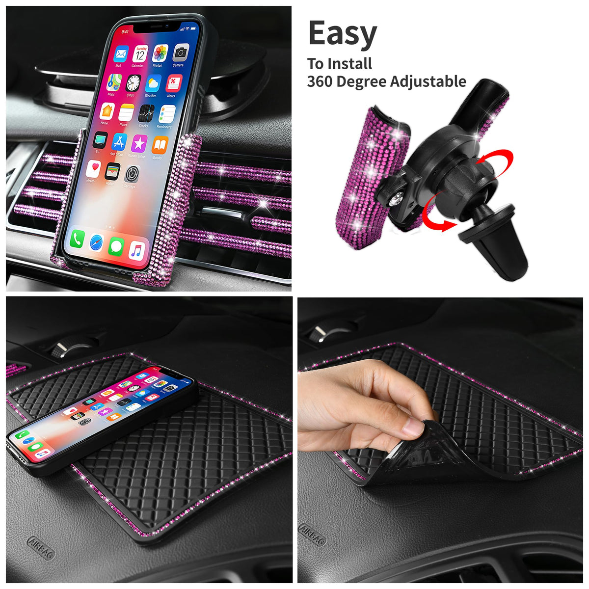 CAR PASS phone holder mounted on dash demonstrating secure grip and matching sparkle
