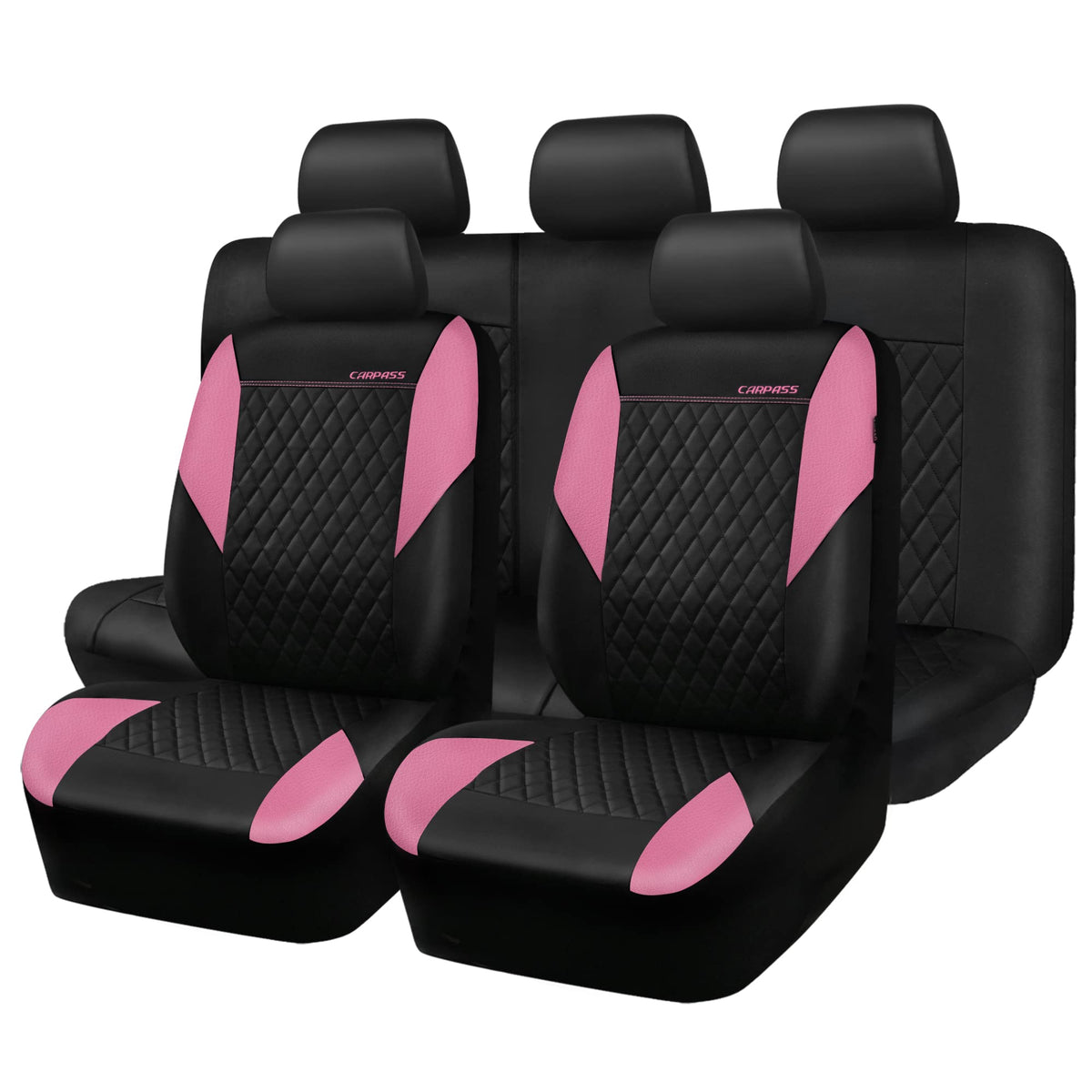 CAR PASS front seats with pink quilted covers showing upgraded cabin style and protection