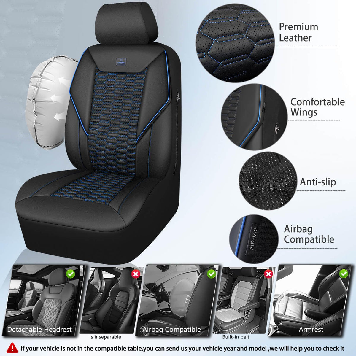 CAR PASS quilted close-up highlighting blue piping and premium PU leather finish