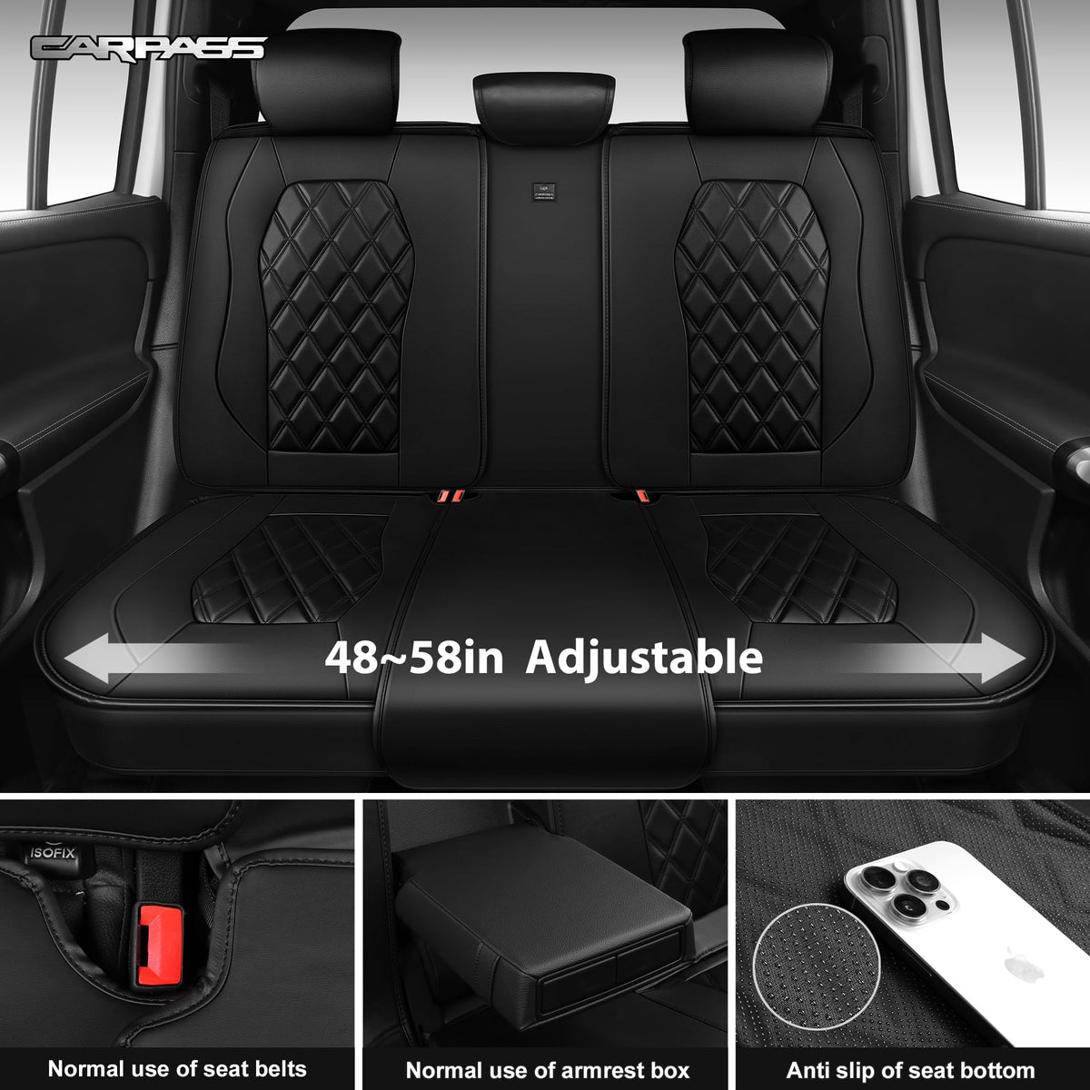 CAR PASS rear seat pockets shown storing items for added convenience