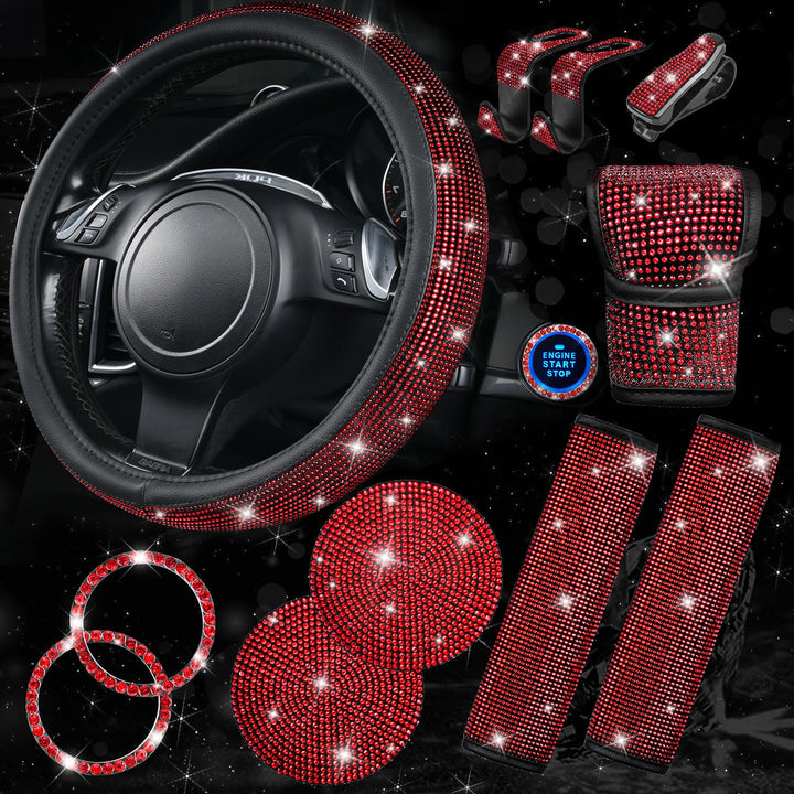 CAR PASS red steering wheel cover front view showing sparkling rhinestones and stylish protection