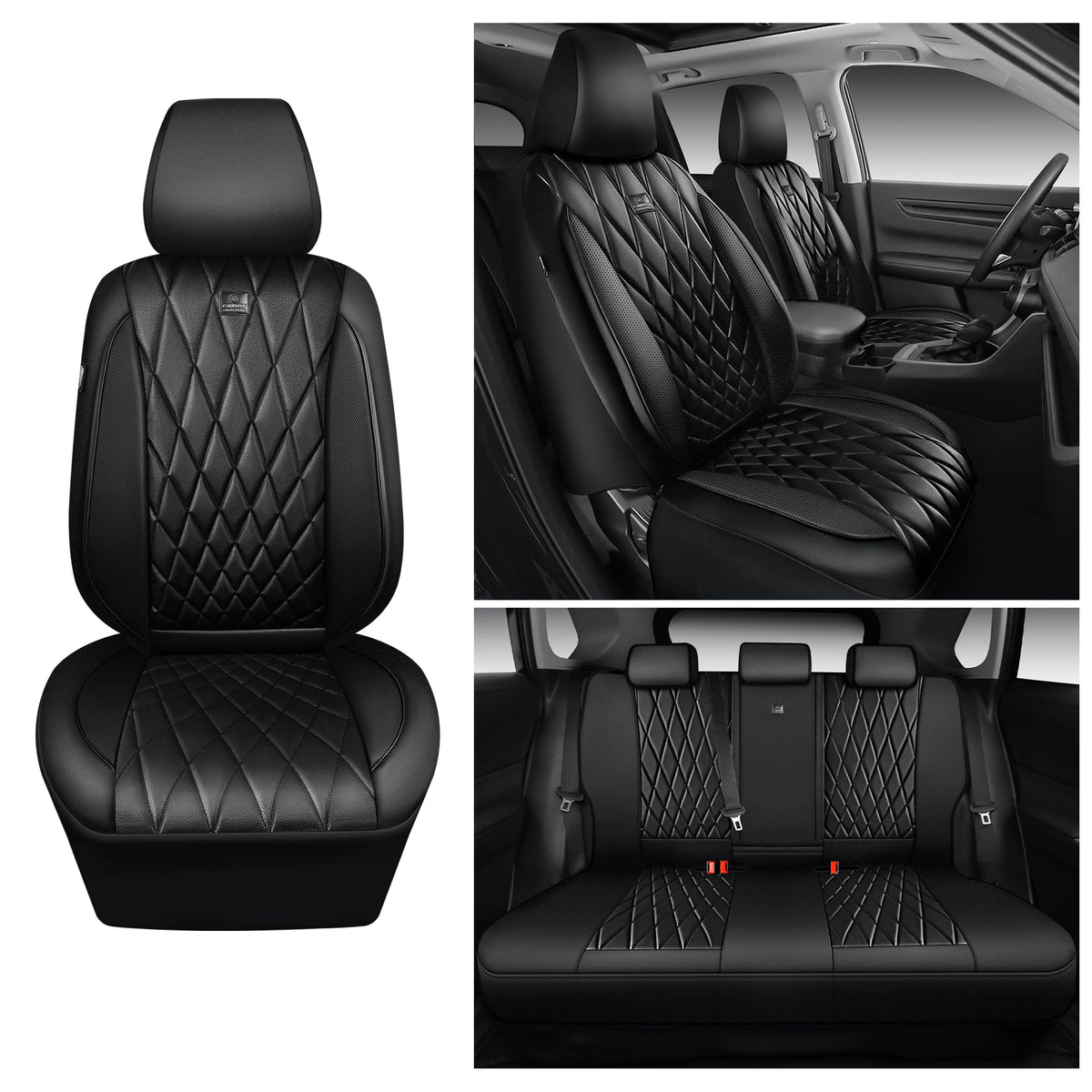 CAR PASS installed seat covers next to a ruler showing custom-fit scale and model-specific accuracy