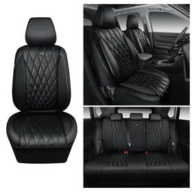 CAR PASS installed seat covers next to a ruler showing custom-fit scale and model-specific accuracy