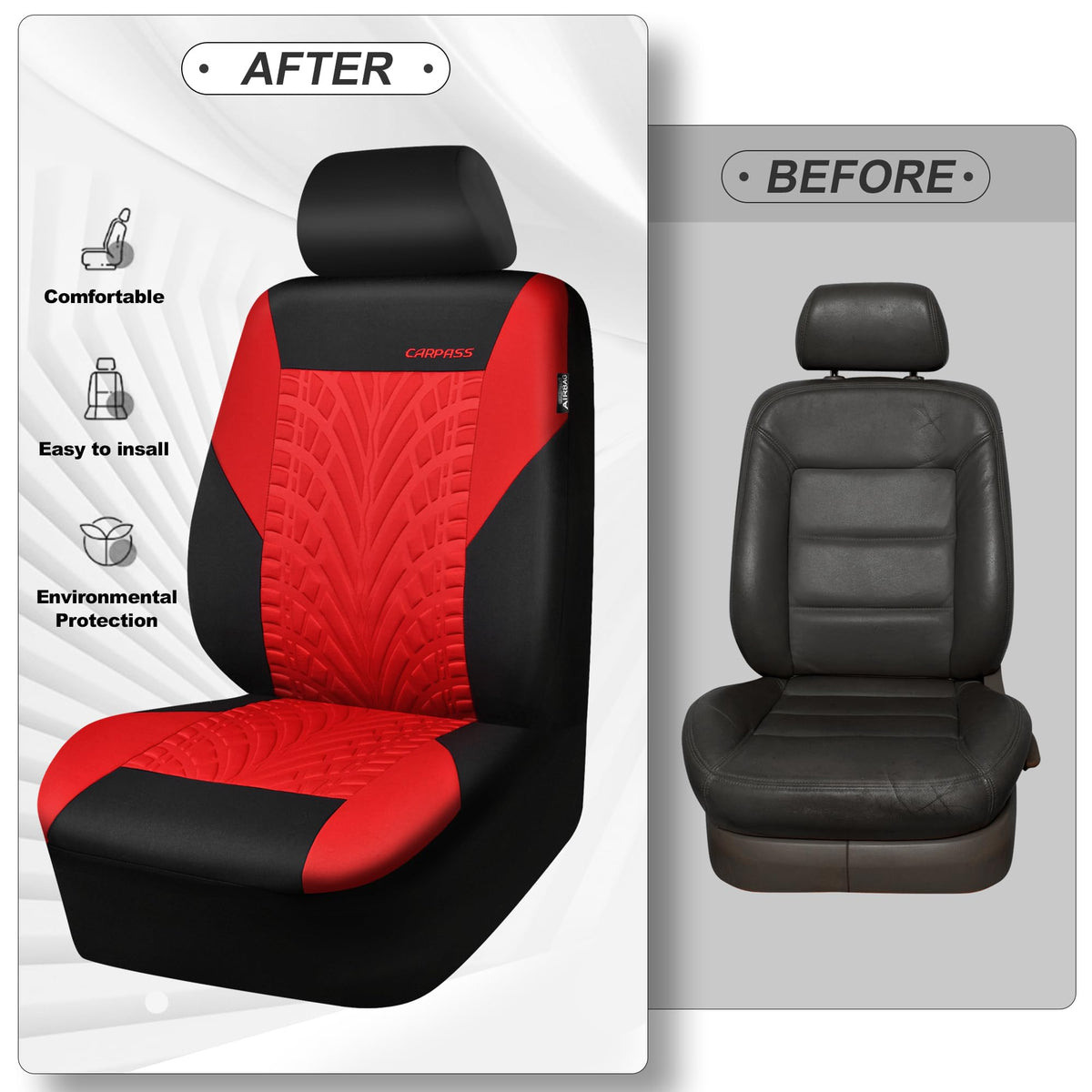 CAR PASS seat cover next to a ruler showing universal fit
