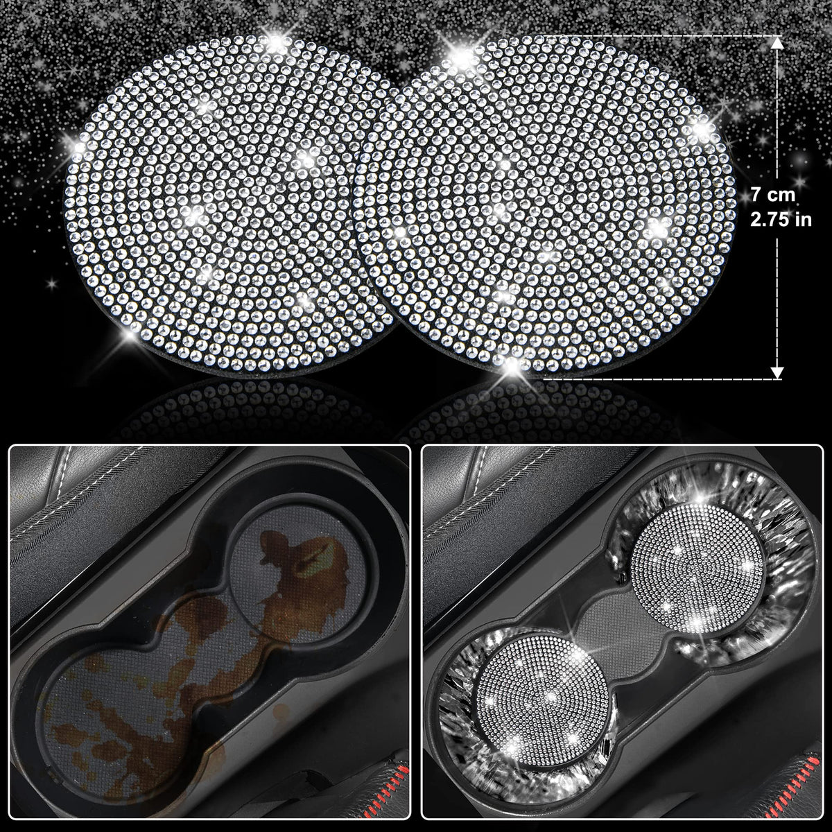 CAR PASS seat belt cushion close-up shows rhinestones and adds shoulder comfort