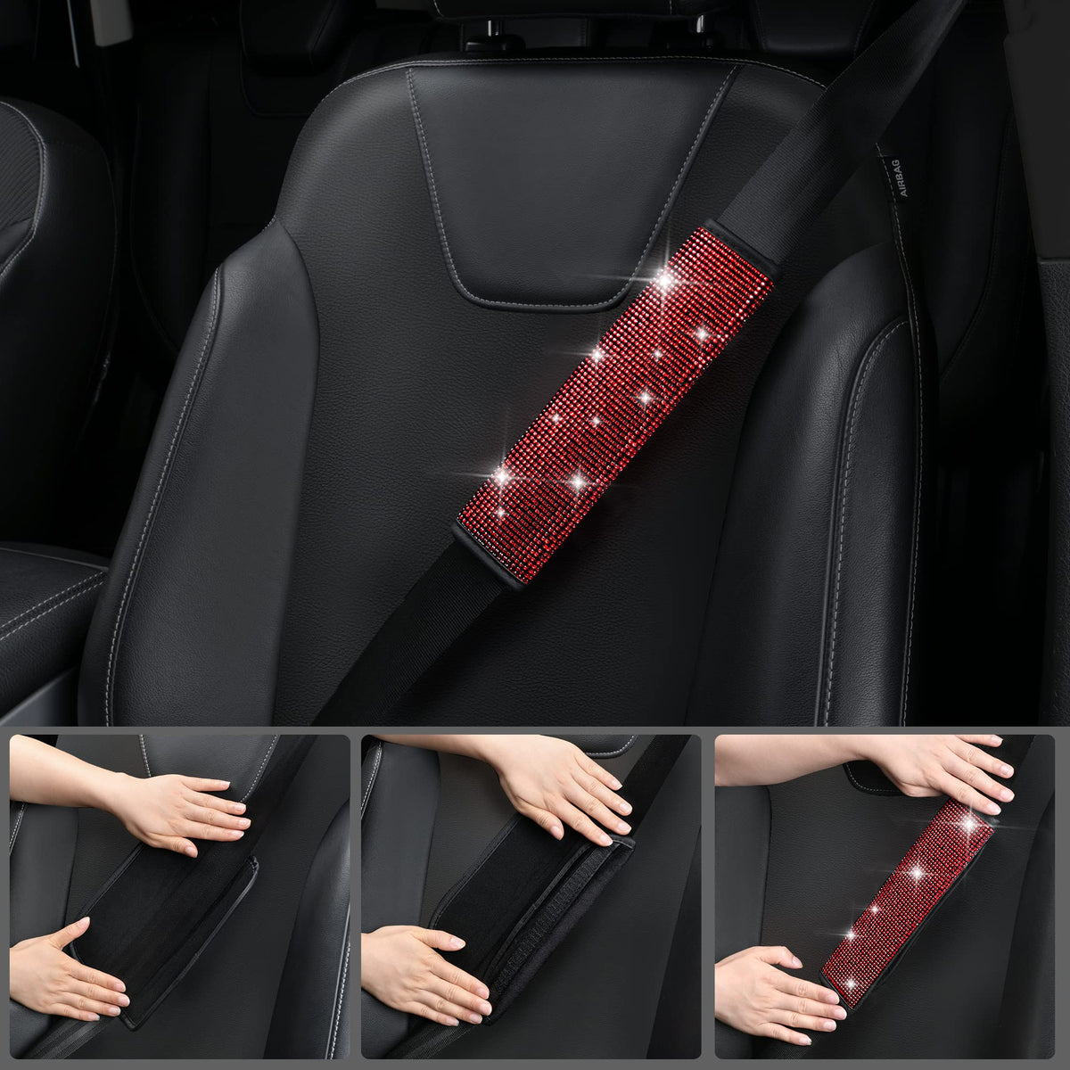 CAR PASS seat belt cushion closeup showing soft padding and bling decor for comfort