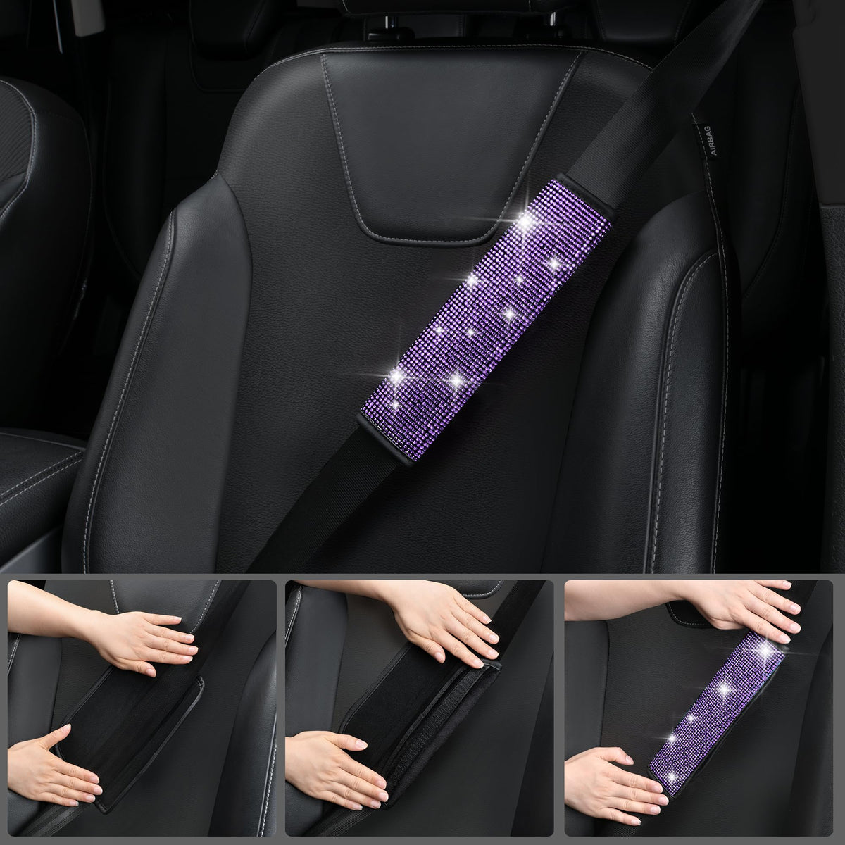 CAR PASS seat belt cushion display demonstrating comfort and visible style