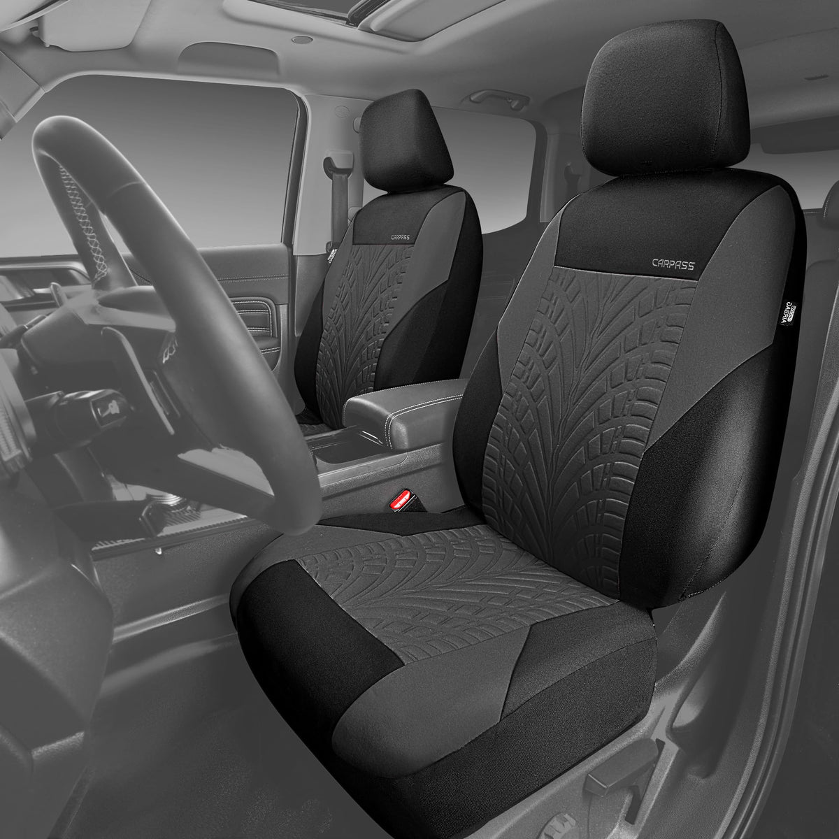 CAR PASS side view revealing airbag-compatible cutout for safe deployment
