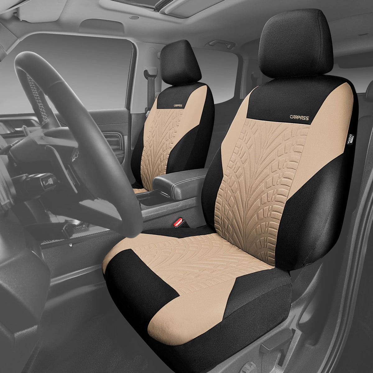 CAR PASS visible airbag seam at seat side, maintains safety deployment benefit