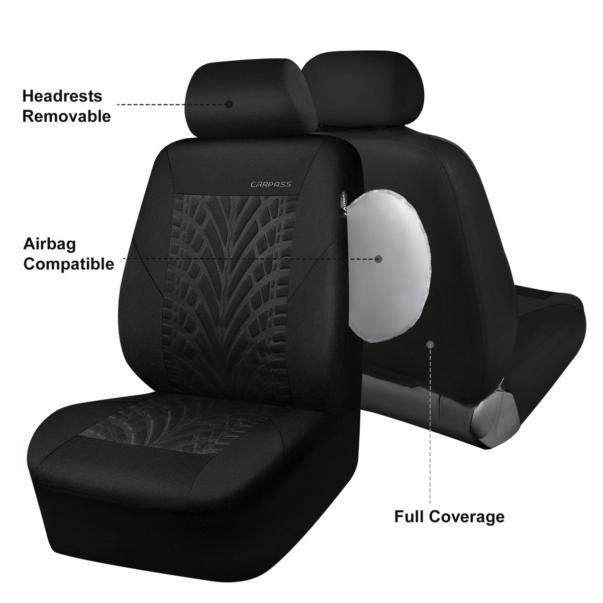 CAR PASS cover on seat with headrest showing scale and easy-install benefit
