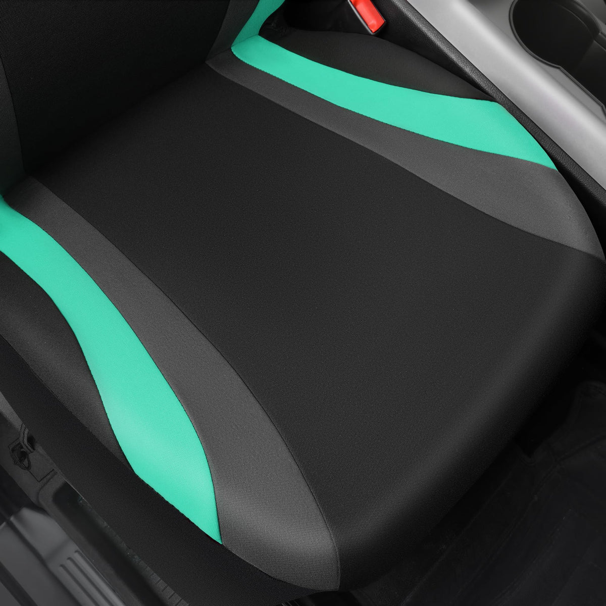 CAR PASS seat showing seatbelt opening and airbag seam to maintain safety compatibility