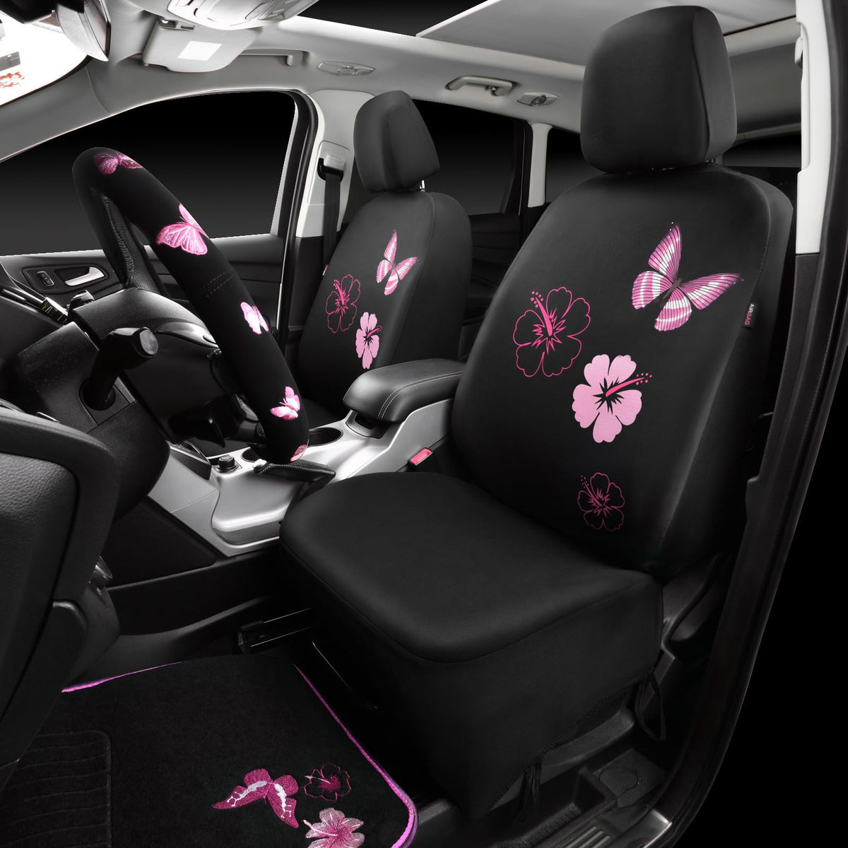 CAR PASS close-up of embroidered butterfly and floral stitch details for stylish protection
