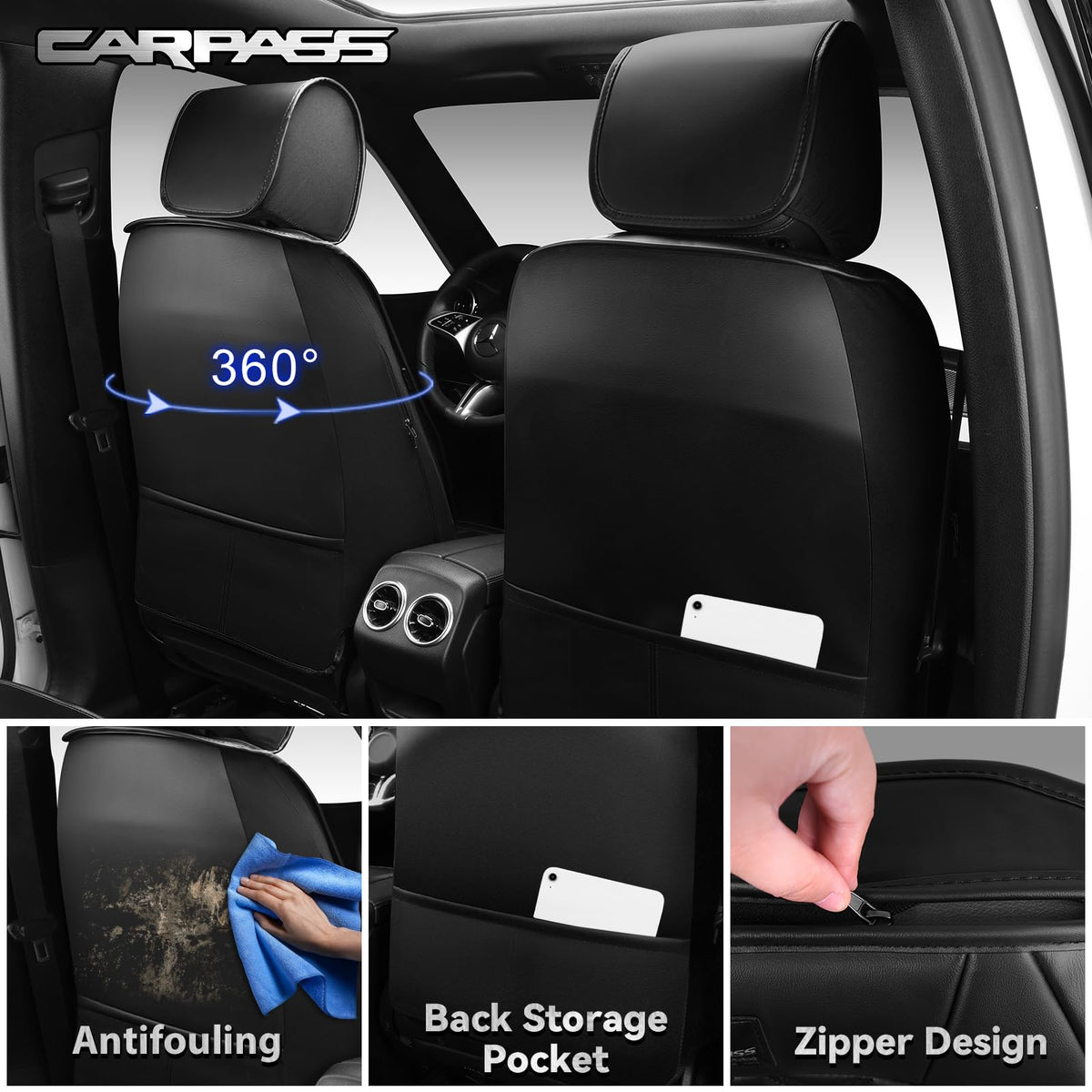 CAR PASS side seam detail illustrating airbag compatibility and safety fit