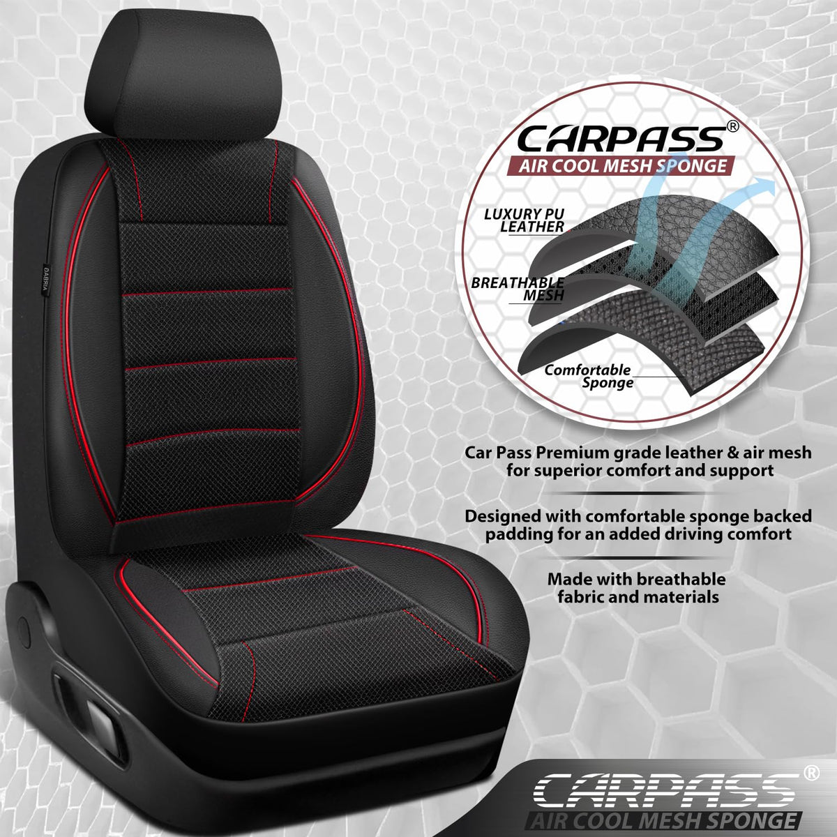 CAR PASS side airbag stitching detail designed to allow safe, interference-free airbag deployment