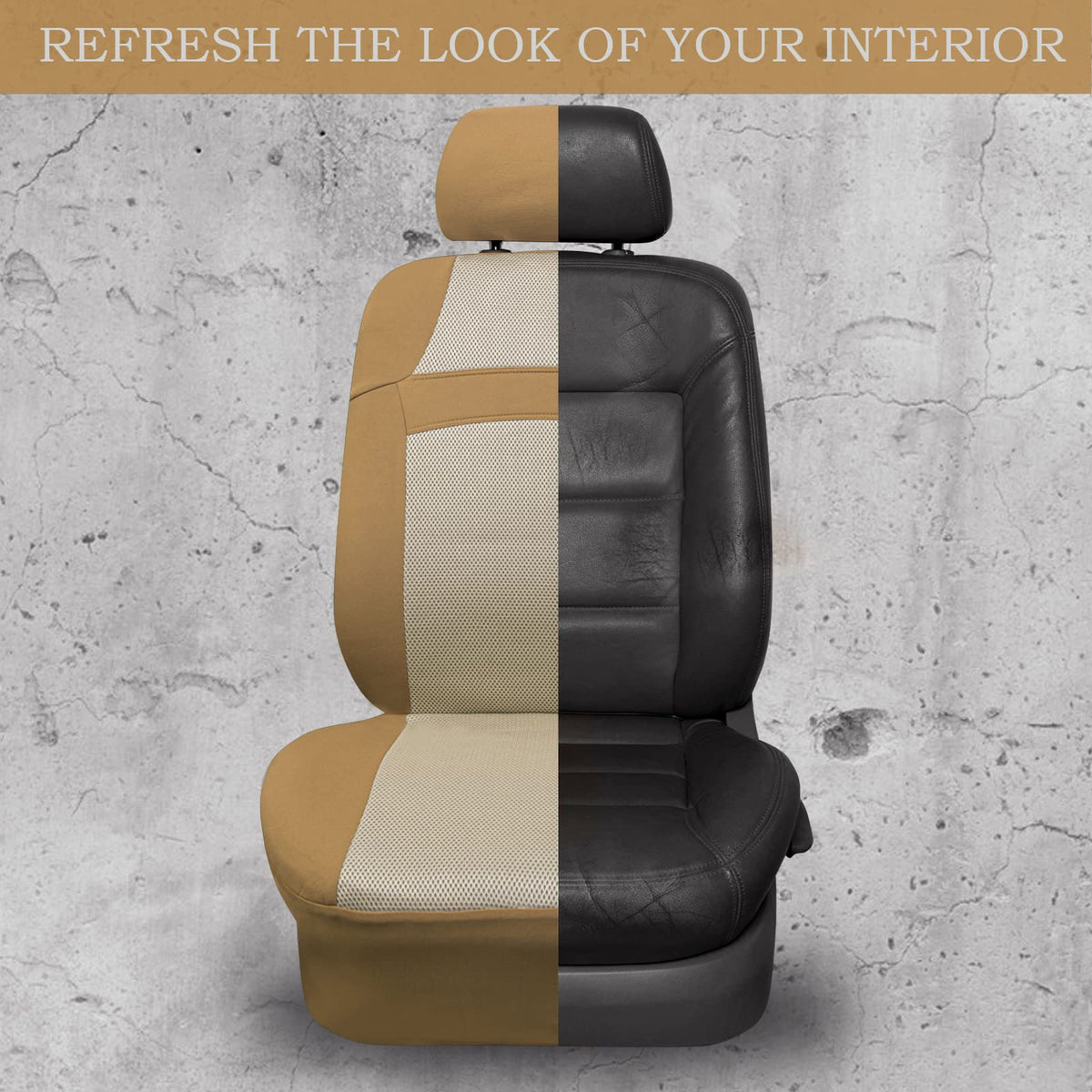 CAR PASS seat covers on front seats with scale reference showing universal fit
