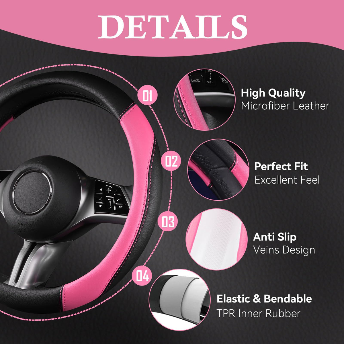 CAR PASS steering cover texture close-up highlighting faux-leather comfort and durability
