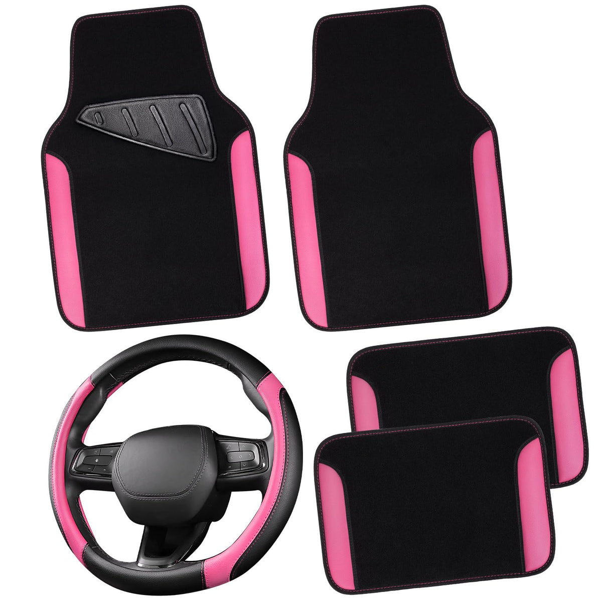 CAR PASS steering cover front view showing sporty black and pink design and improved grip