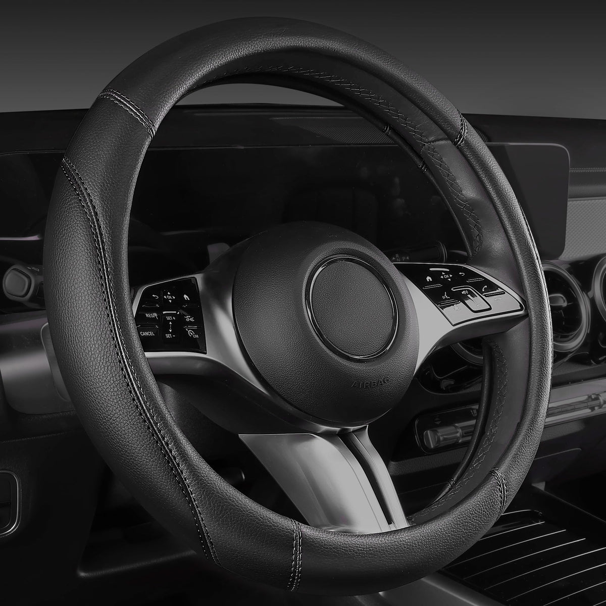 CAR PASS steering cover installed in vehicle showcasing upgraded interior look