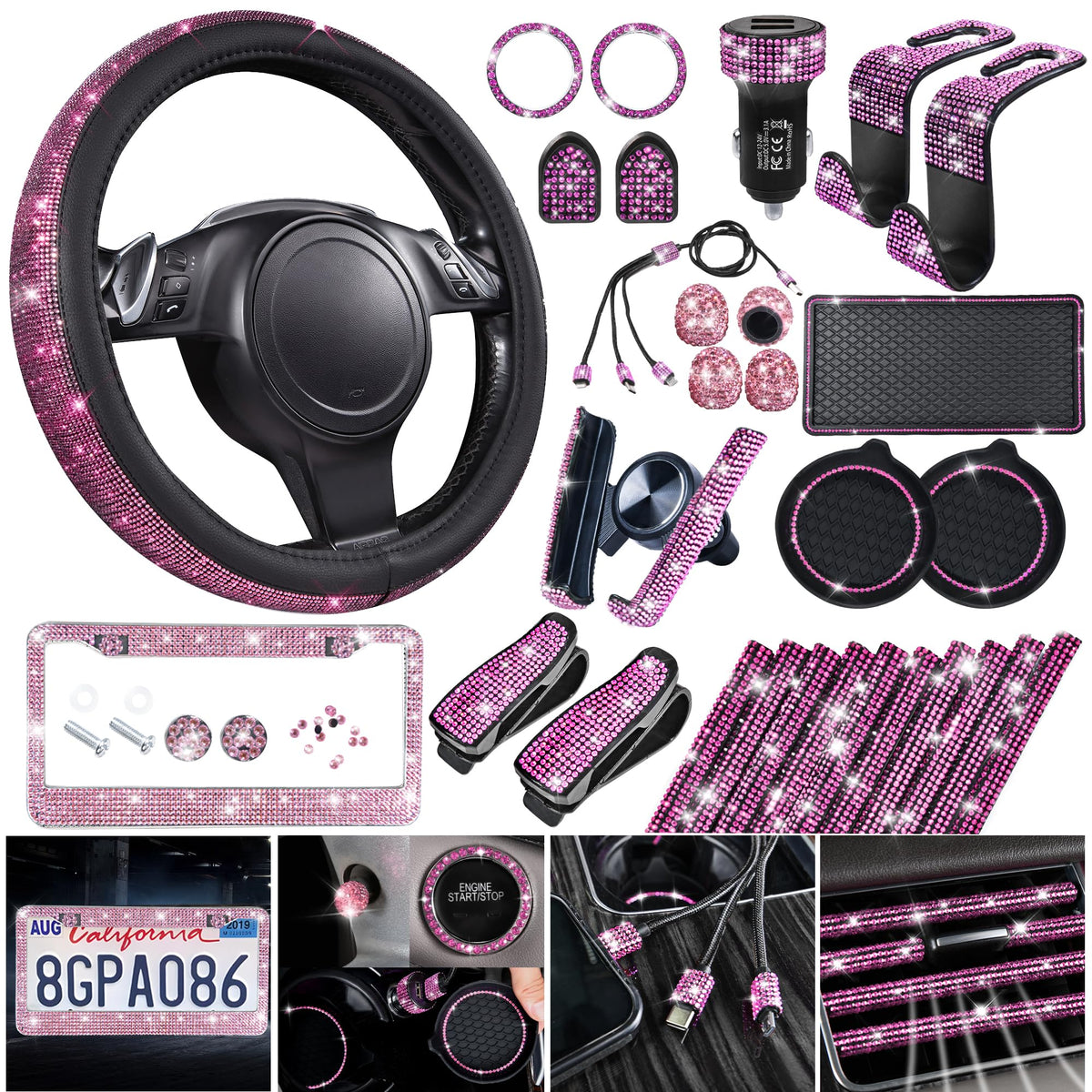 CAR PASS steering wheel cover front view showing sparkling rhinestones and stylish protection