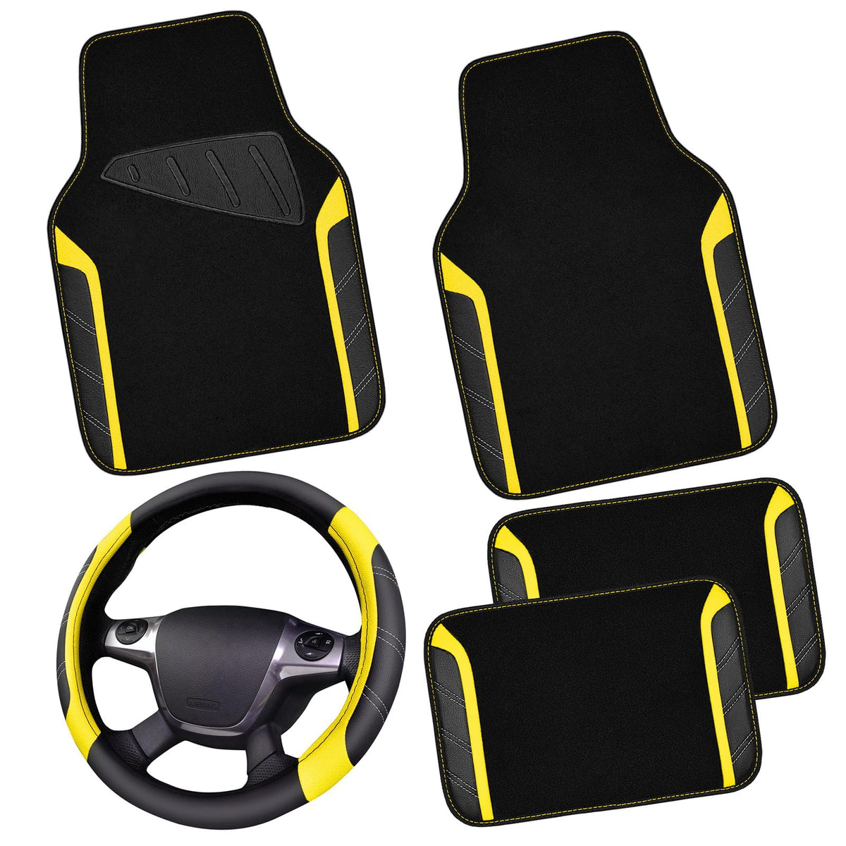 CAR PASS steering wheel cover front view shows fit and sporty yellow accent