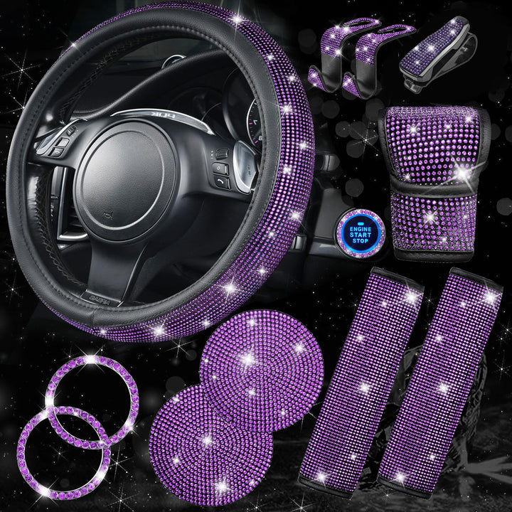 CAR PASS steering wheel front view shows purple rhinestone look and improved grip