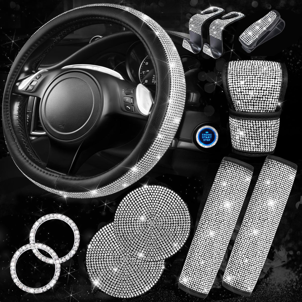 CAR PASS steering wheel cover front view adds glamorous grip and visible sparkle