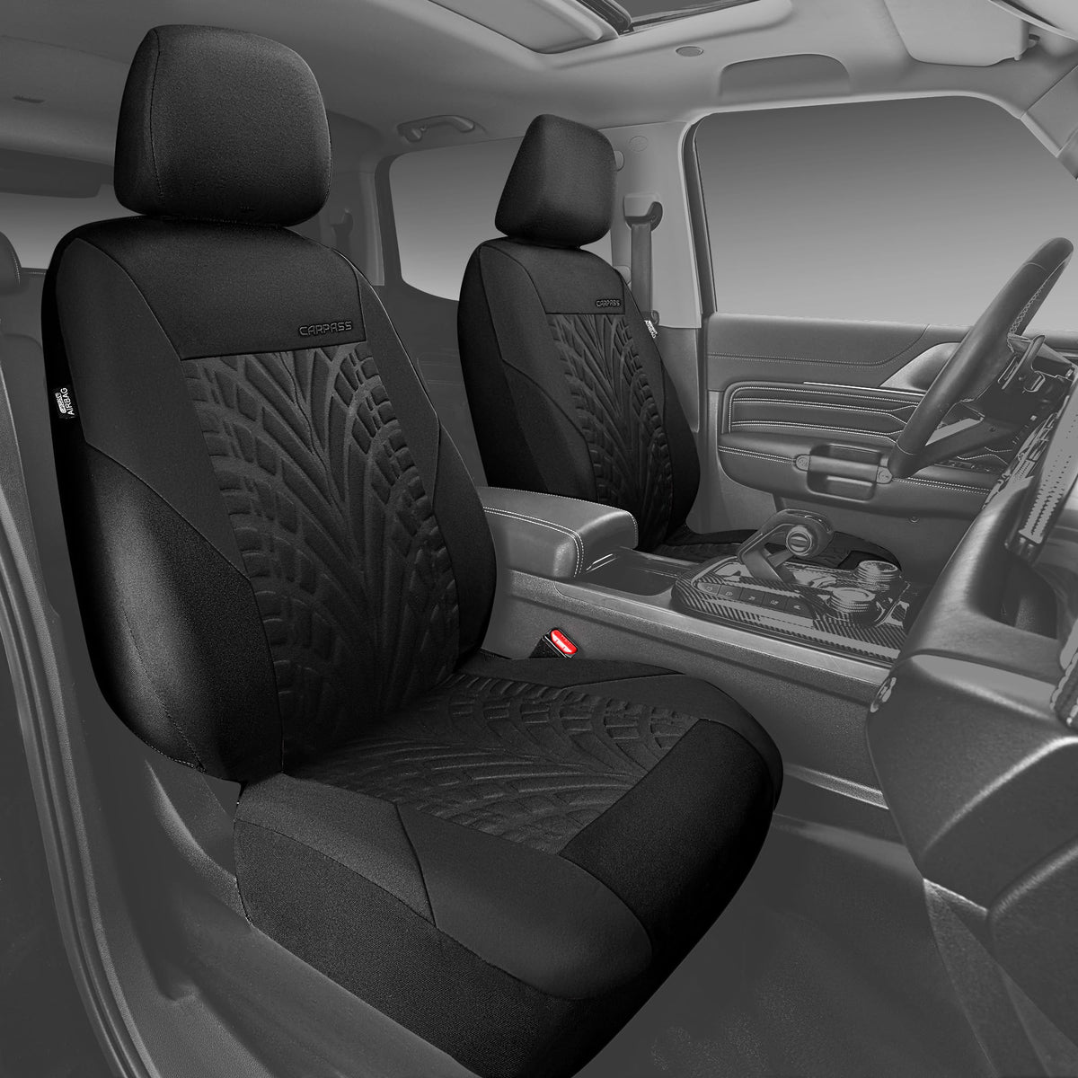 CAR PASS tyre-print fabric close-up highlighting texture and breathable comfort benefit