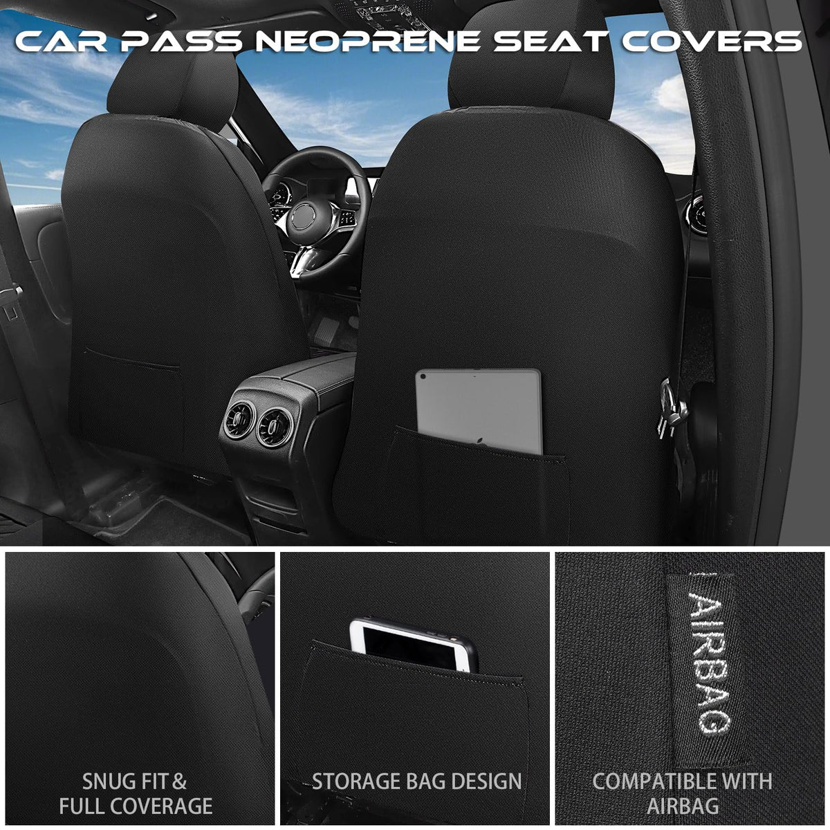 CAR PASS wiping liquid from neoprene surface showing quick-clean benefit