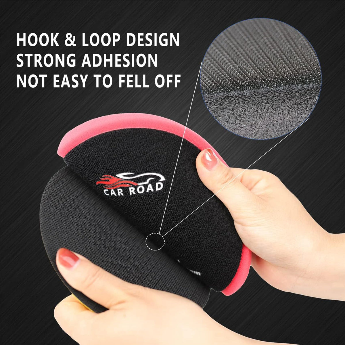 CAR ROAD hook-and-loop backing detail for fast secure pad changes