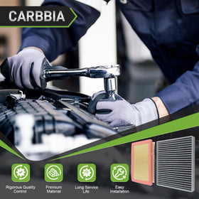 CARBBIA filters beside vehicle manual showing scale and part-check benefit