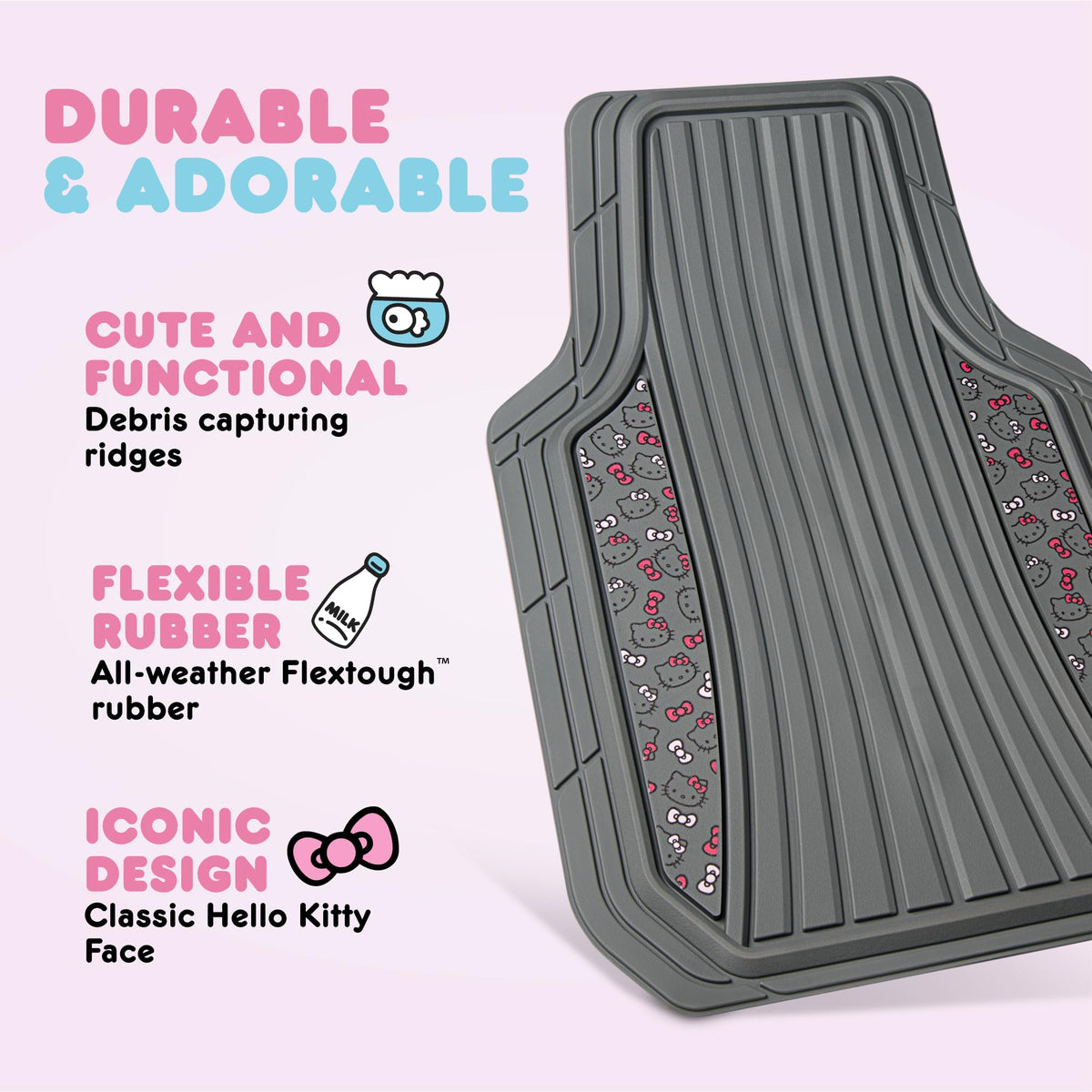 Carbella Hello Kitty front mat close-up displaying textured surface and cute motif for durability