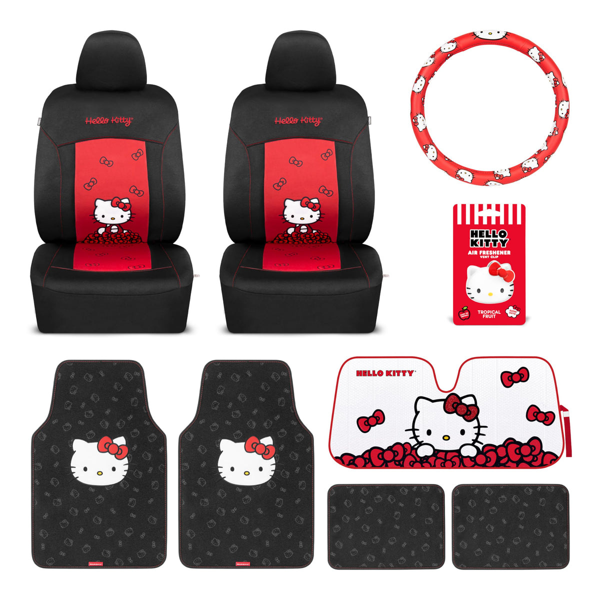 Carbella Hello Kitty front seat covers showing cute bows and improved seat protection