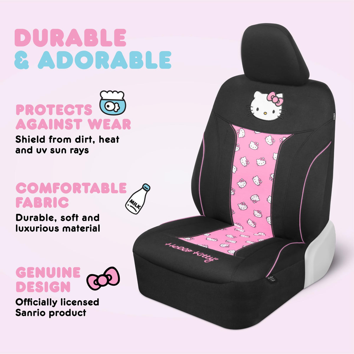 Carbella Hello Kitty headrest logo detail showing official Sanrio emblem and charm