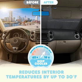 Carbella sun shade in use on windshield showing heat-blocking protection