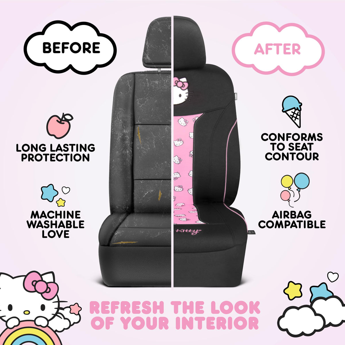 Carbella Hello Kitty packaging with warranty tag showing included 1-year warranty