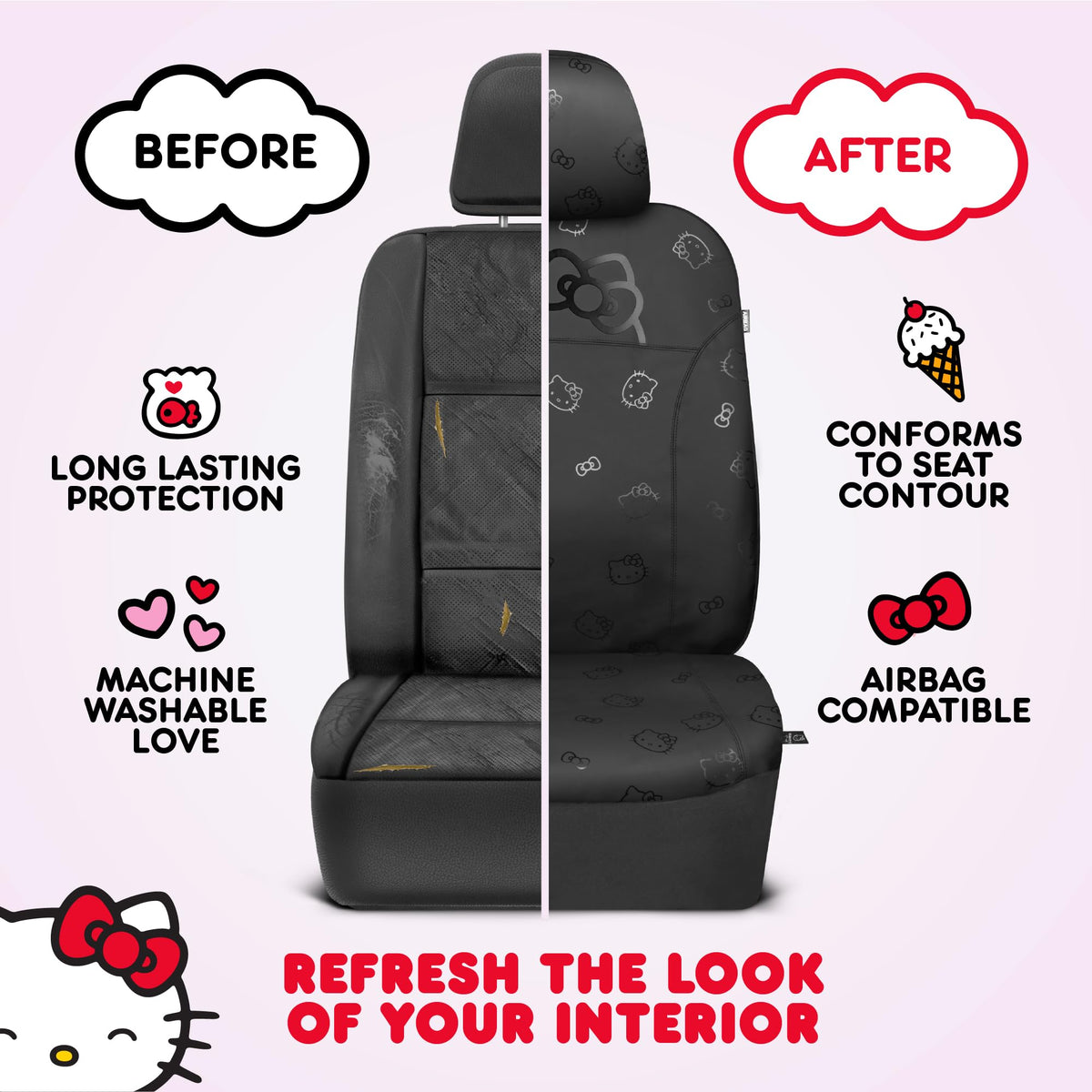 Carbella Hello Kitty headrest and seam stitching showing durable construction