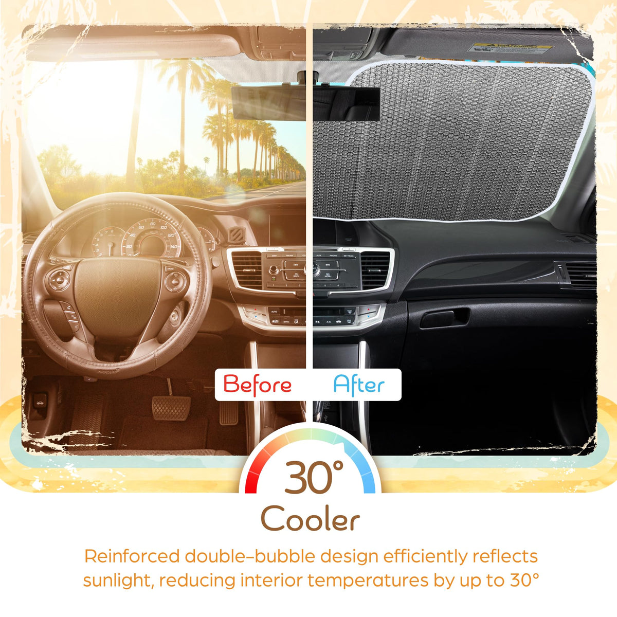 Carbella installed in car blocking sun and keeping dashboard cooler