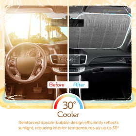 Carbella installed in car blocking sun and keeping dashboard cooler